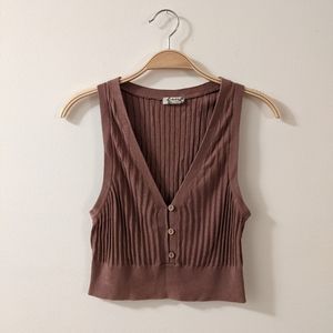 Free people warm brown taupe rib knit sweater button vest XS